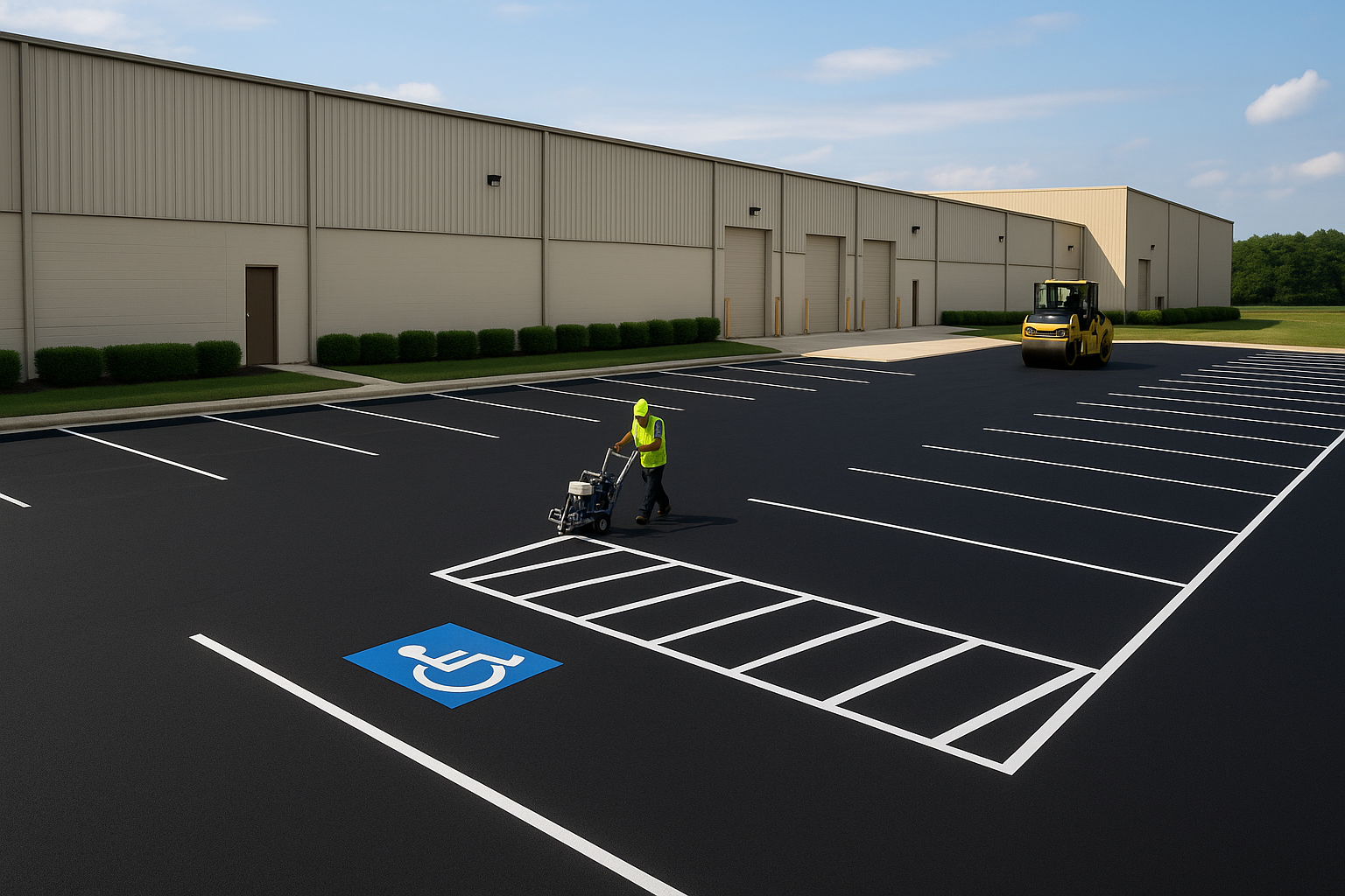 Factory lot with fresh ADA symbols and striping